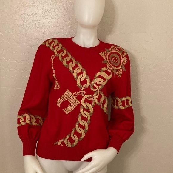 St. John Collection Red/Gold Embroidered Paris Chain Santana Knit Sweater Size 2 - Picture 1 of 12